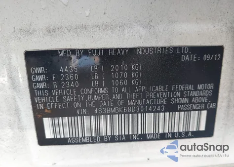 2013 Subaru Legacy 2.5I Limited from USA, damaged, VIN 4S3BMBK68D3014243